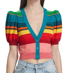 Alice + Olivia Romi Striped Puff Sleeve Cropped Cardigan